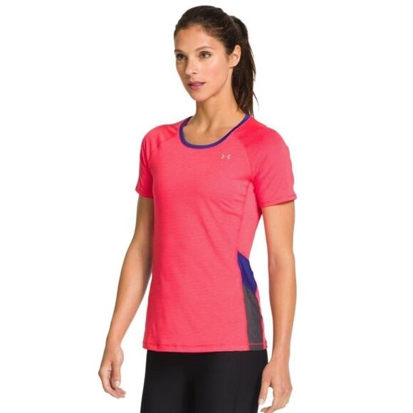 UNDER ARMOUR Womens HeatGear Striped Printed Shirt Coral XL - Picture 1 of 5